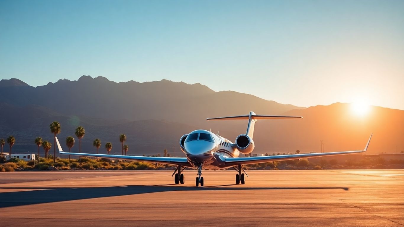 Private jet landing in Palm Springs desert.