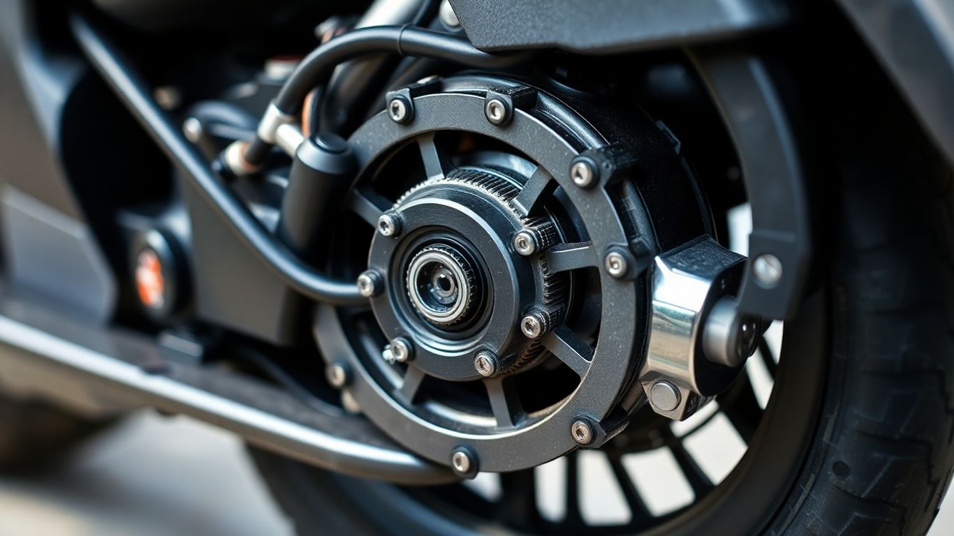 Nahaufnahme des Elektromotors eines Elektrorollers.