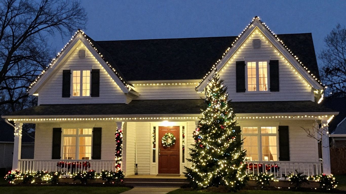 Professionally installed Christmas lights on a house exterior.