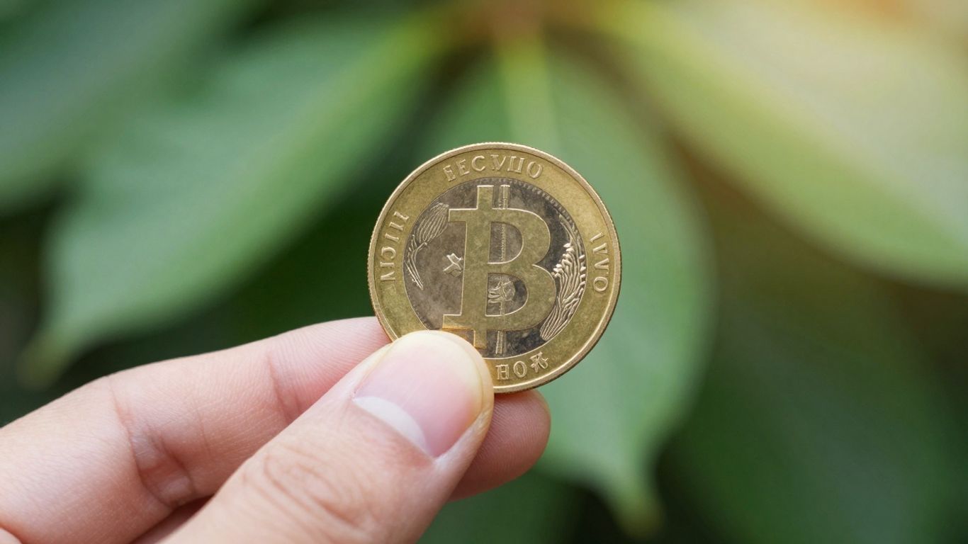 一只金色的手拿着一枚金币，背景是模糊的绿叶。