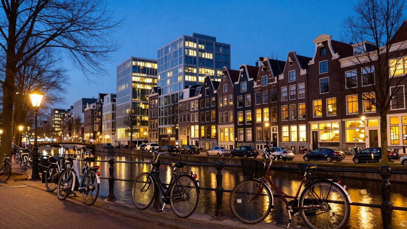 Amsterdam cityscape with canals and modern buildings.