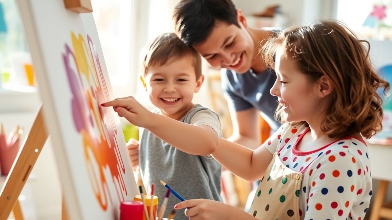 Copil pictând cu părintele ghidând mâna.