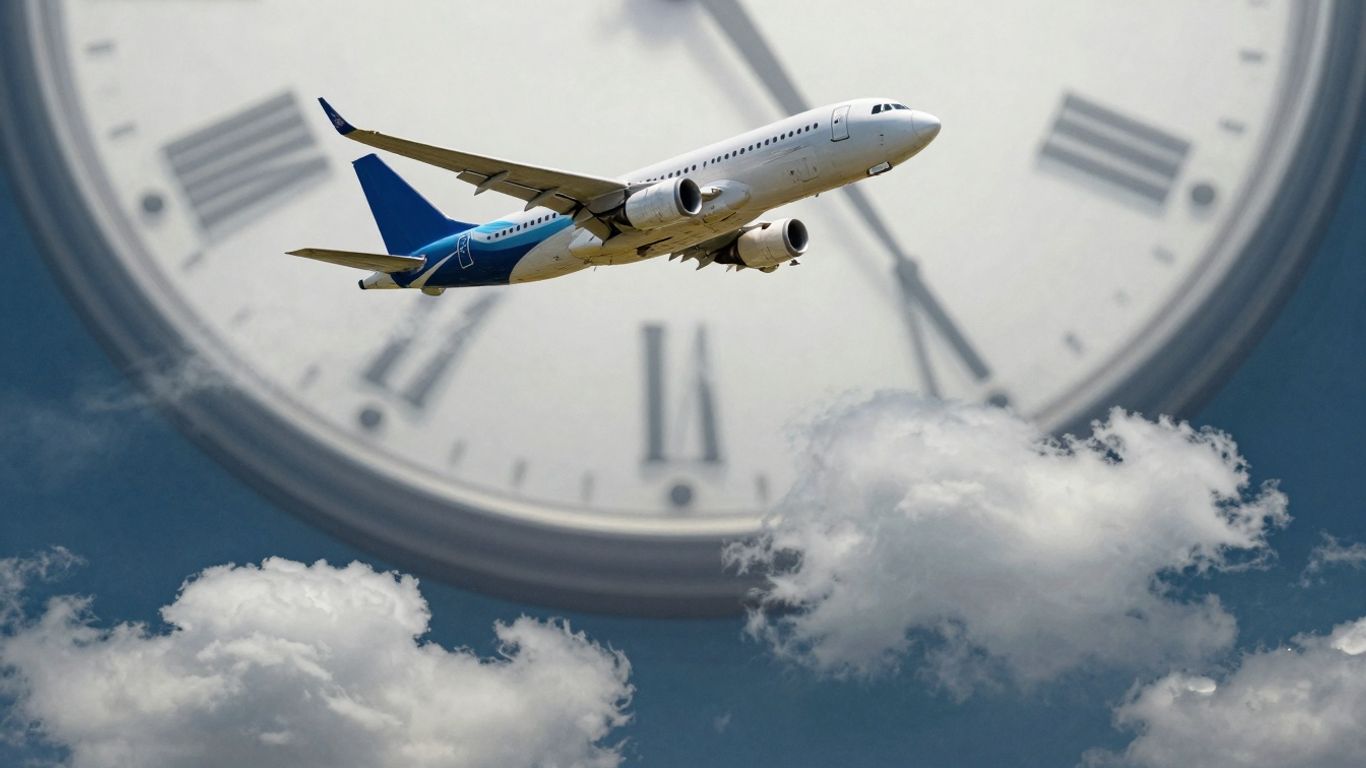 Airplane flying through clouds with clock elements.