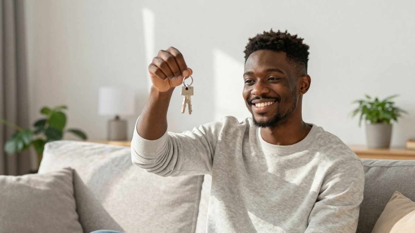 Persona feliz con llaves frente a un apartamento acogedor.