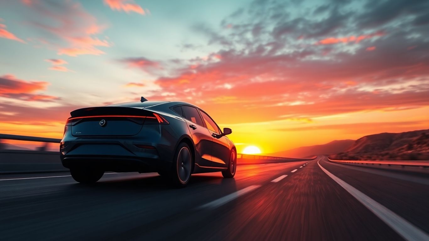 Electric car driving on a highway at sunset.