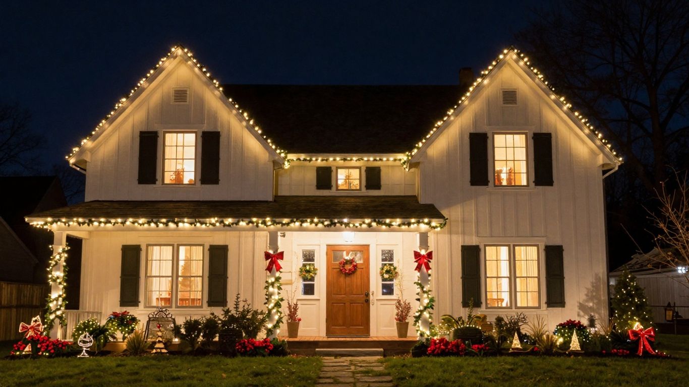 Professionally installed Christmas lights on a house exterior.