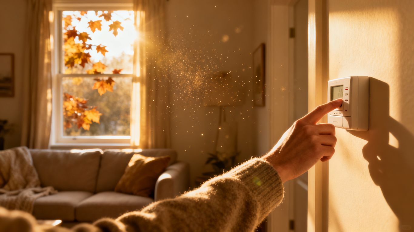 Cozy living room with sunlight and thermostat adjustment.