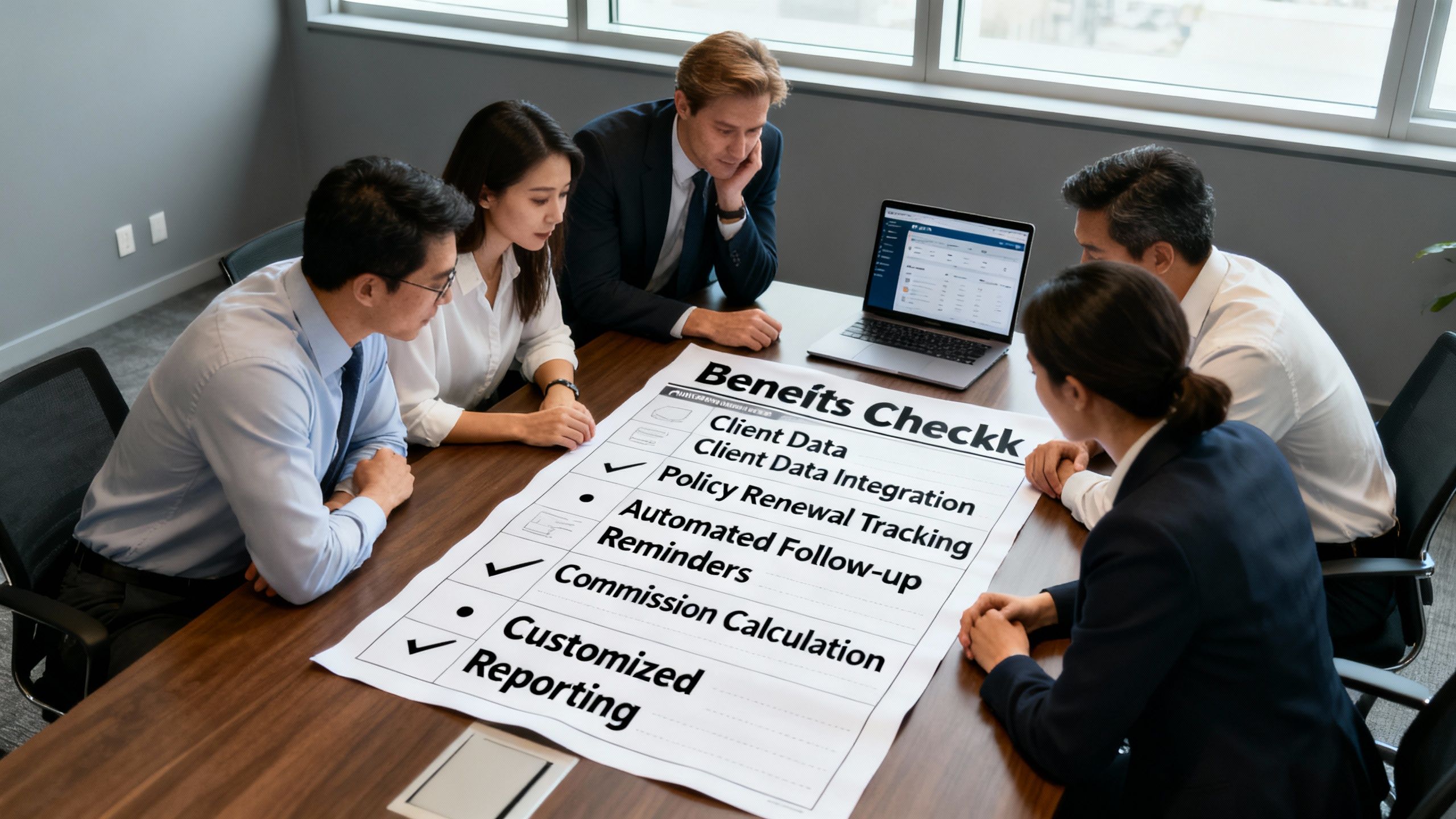 Insurance brokerage team reviewing benefits checklist for CRM usage