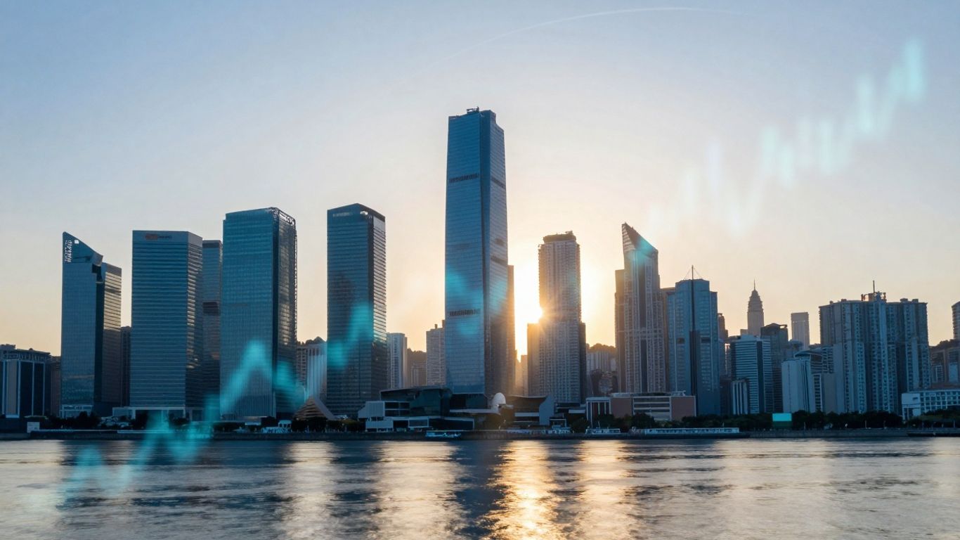 Cityscape with financial data streams at dawn.