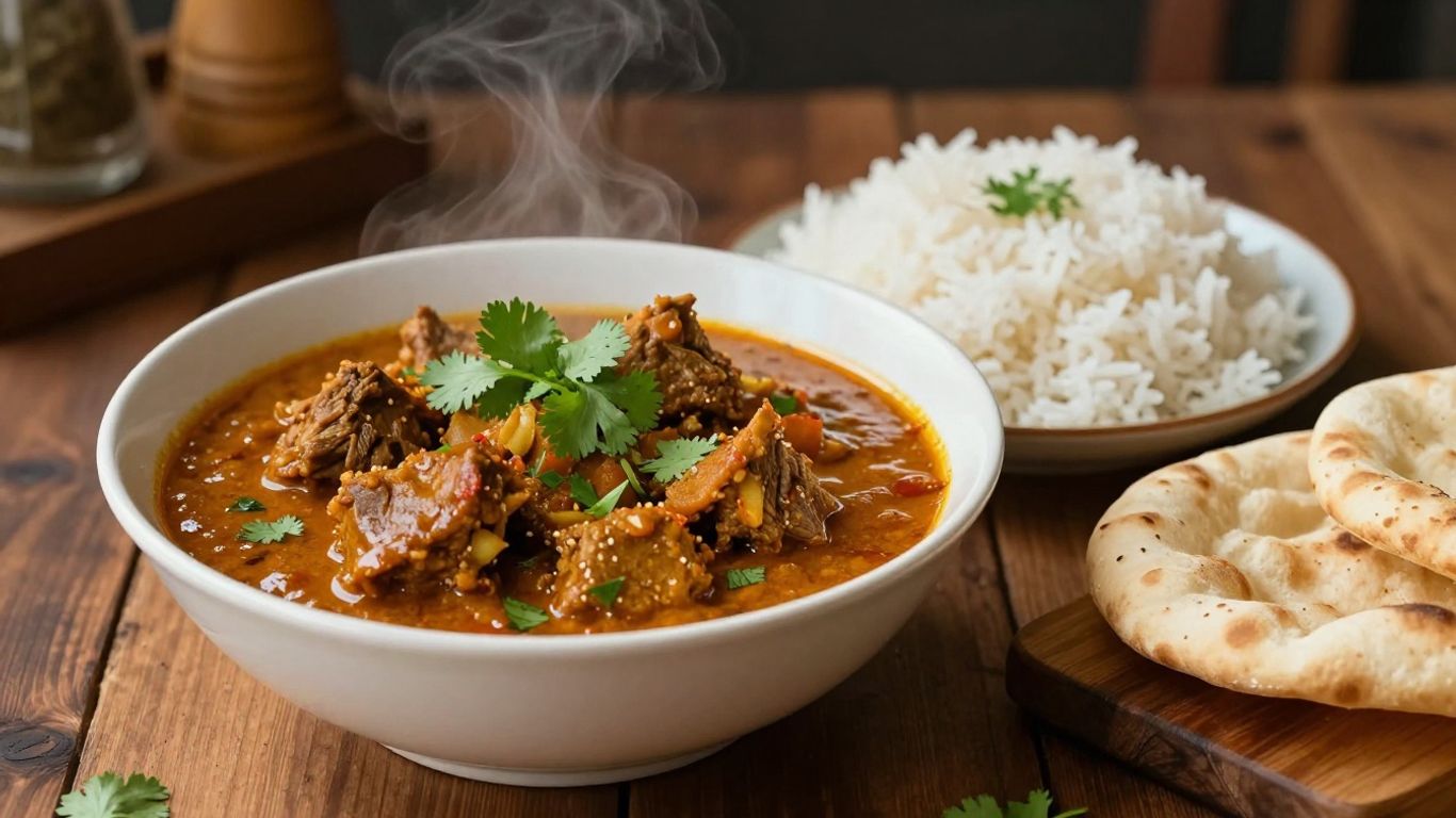 Photographic image of lamb curry with rice and naan