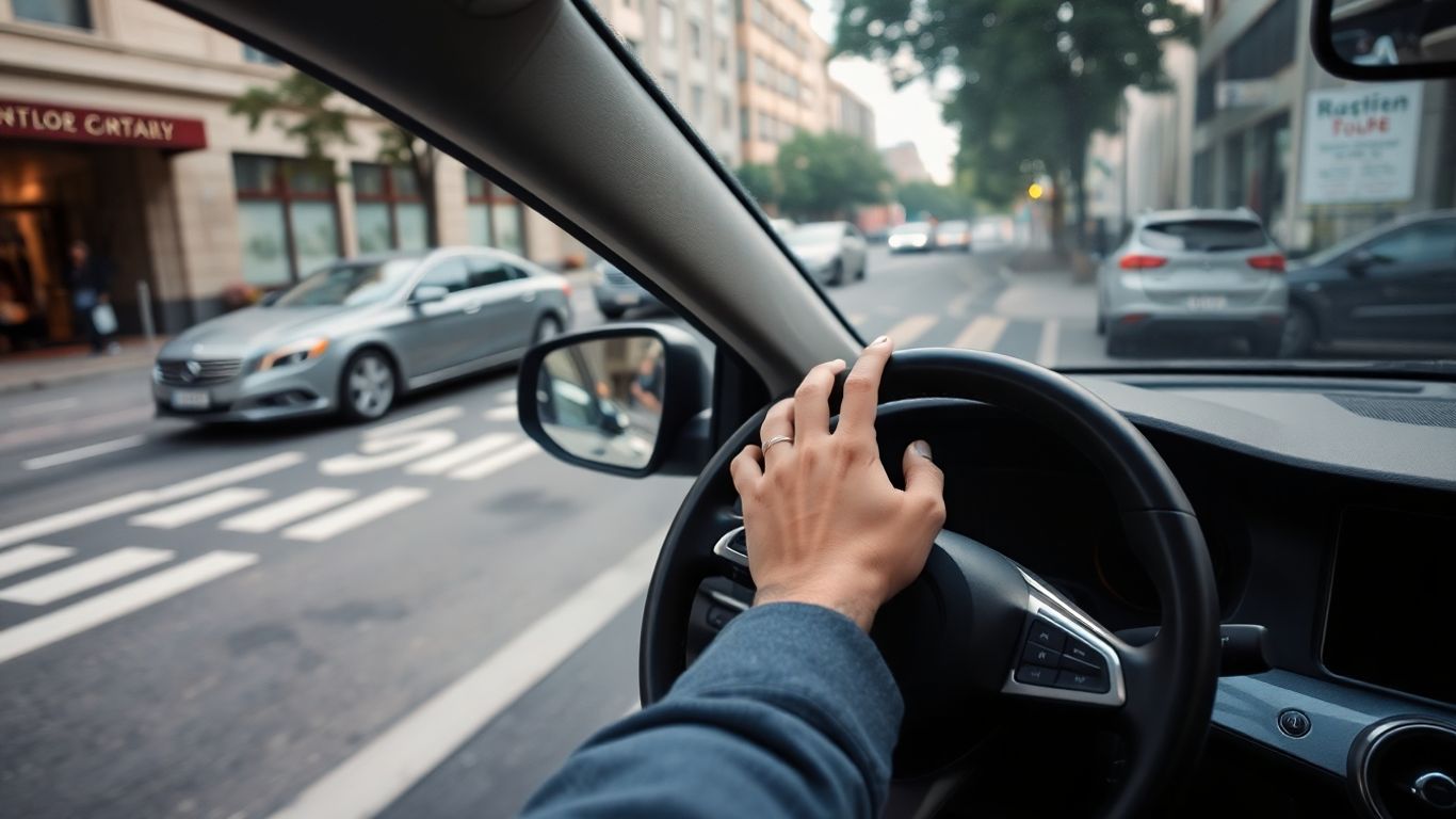 Person reaching for car steering wheel, city street background.
