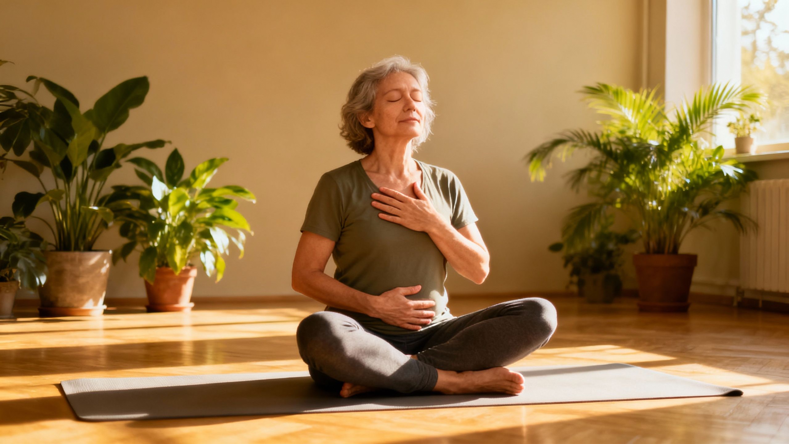 Person practicing deep breathing for heart health indoors