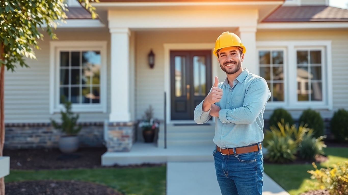 Construction worker giving thumbs up outside a house.