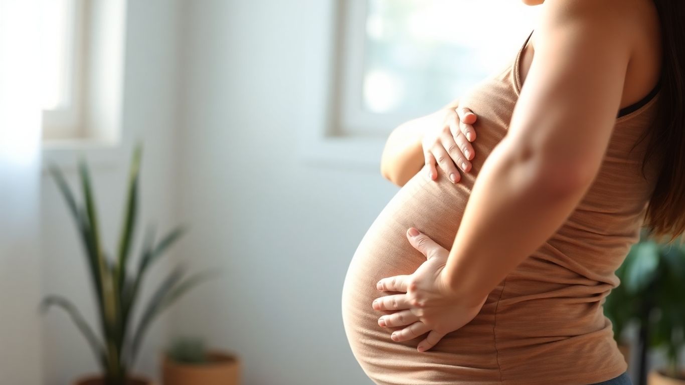 Pregnant woman relieving back pain with gentle movement.