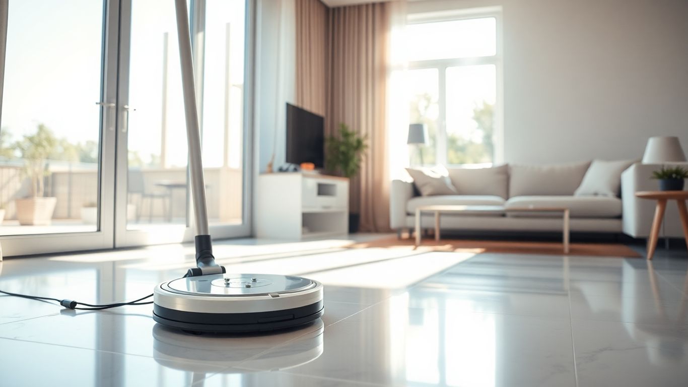Aspirador robô limpando sala moderna com piso brilhante
