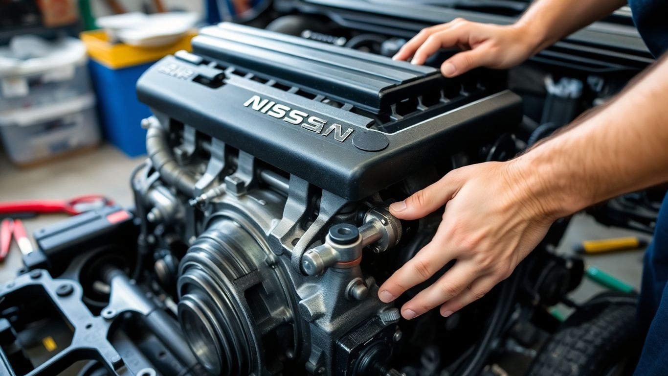 Nissan car engine parts being dismantled by a mechanic.