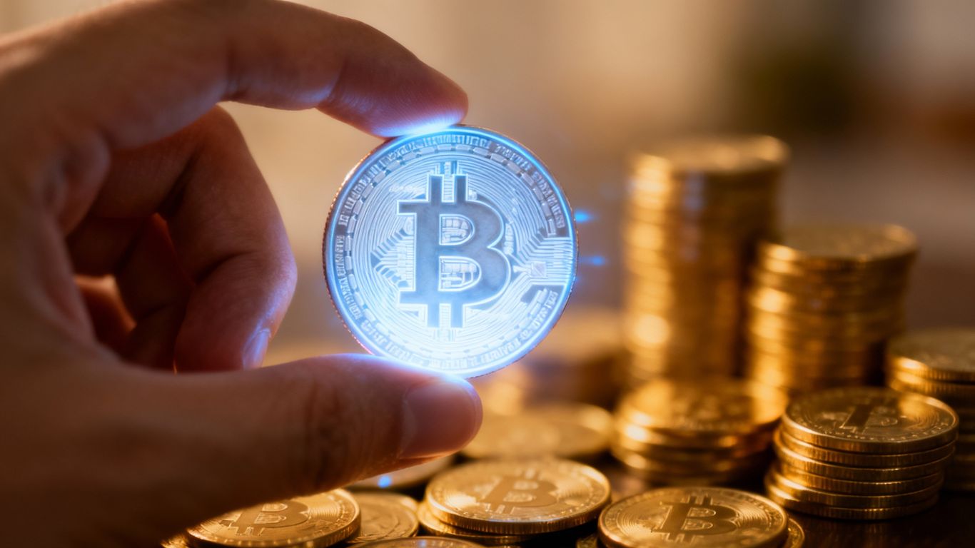 Hand holding glowing crypto coin, stacked coins background.