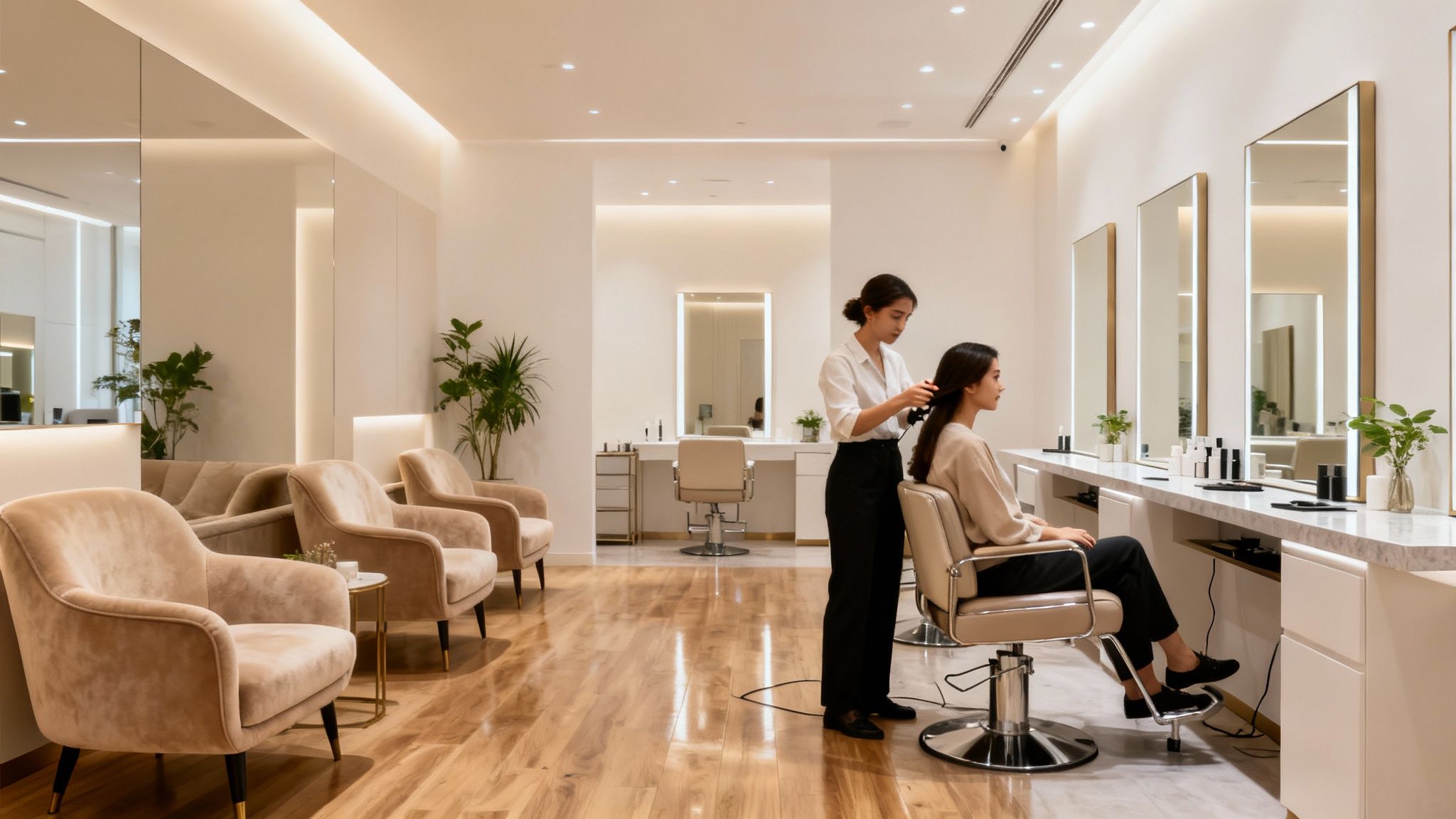 Modern beauty salon interior with happy client receiving treatment.