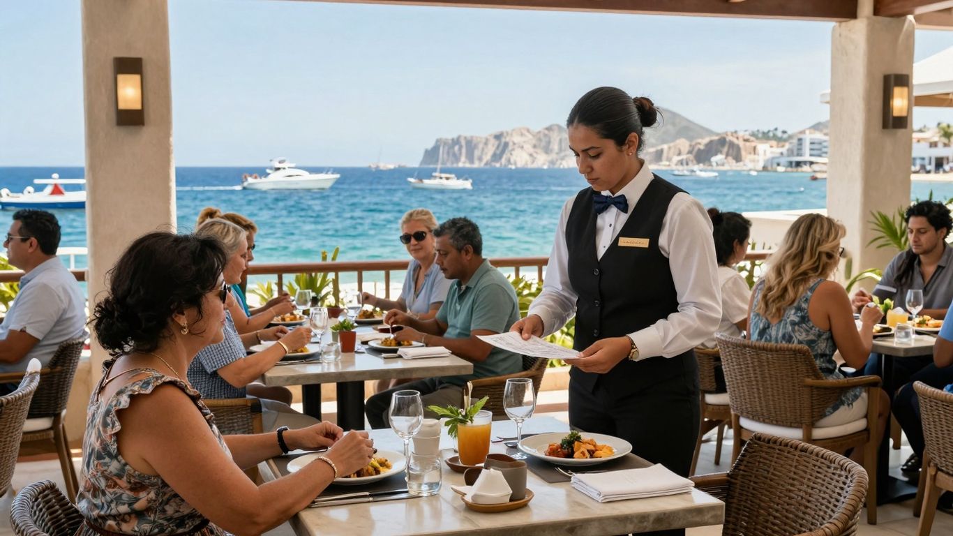 Cabo restaurant with diners and ocean view