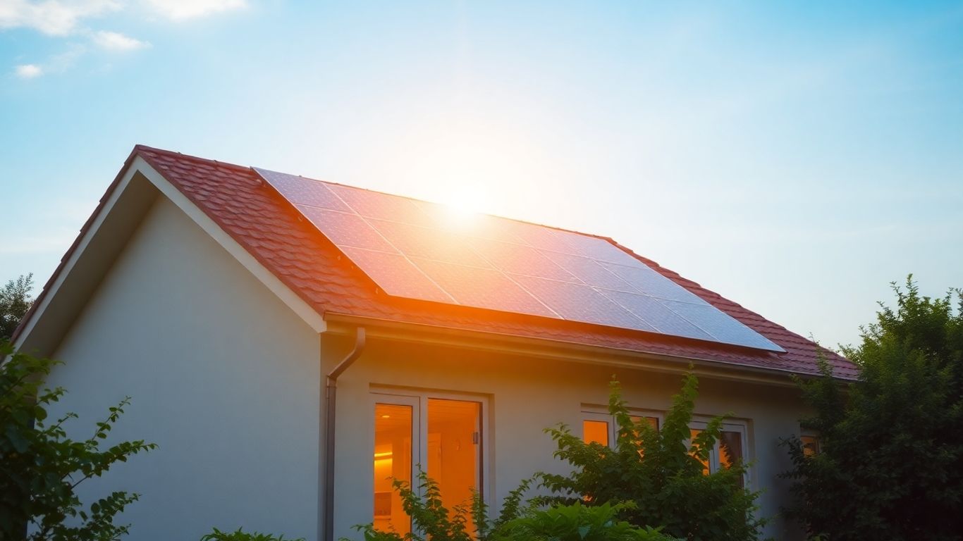 Solar panels on a roof with a sunny house.