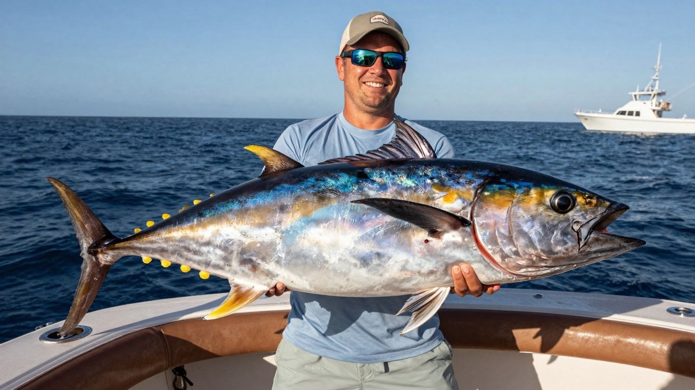 Angler holding a large yellowfin tuna with the ocean behind.