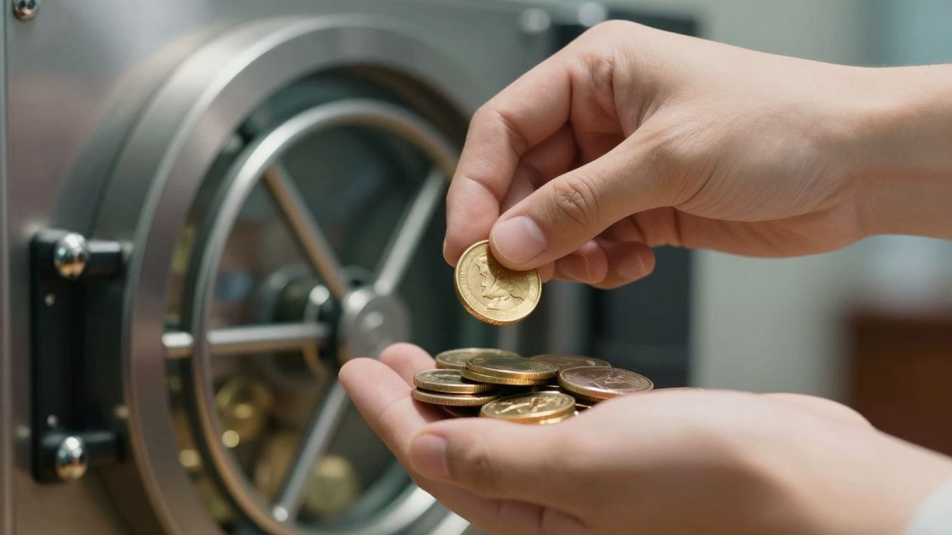 一隻金手將金幣放入保險箱。