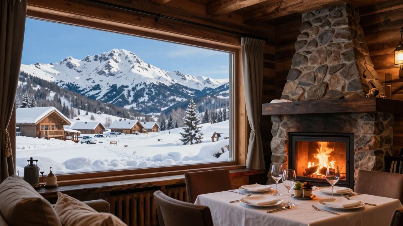 Winterliche Berglandschaft mit Lodge und Kaminfeuer