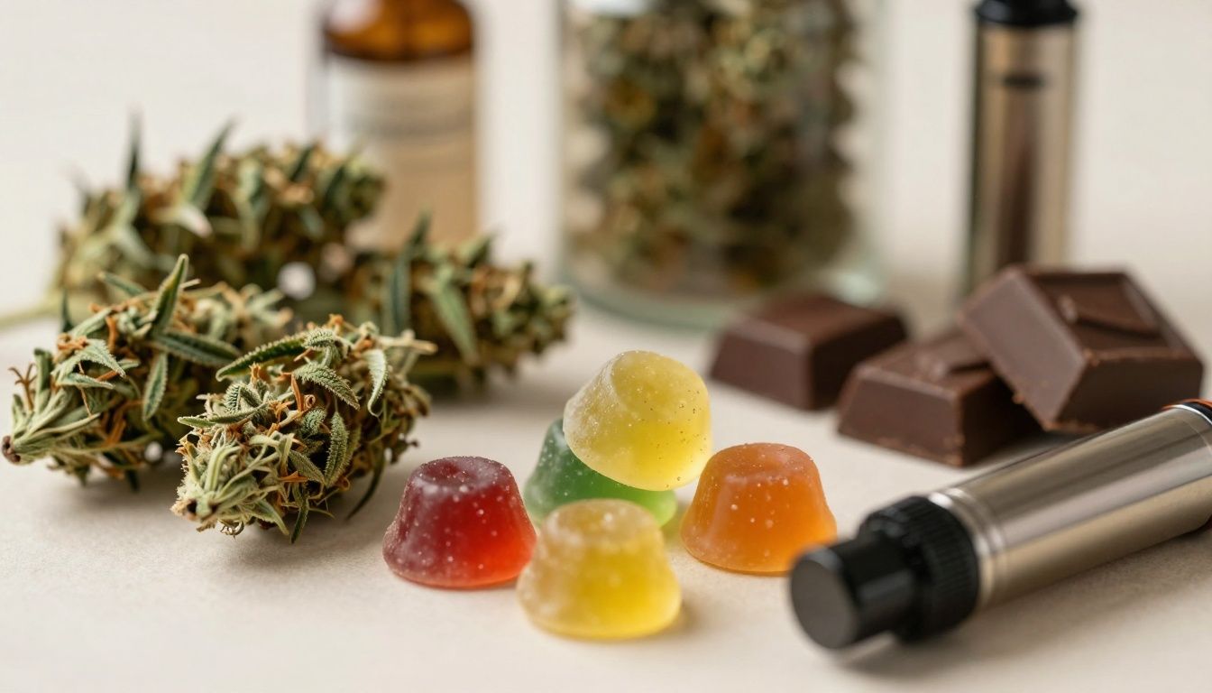 Assortment of cannabis products: flower, edibles, and vapes.