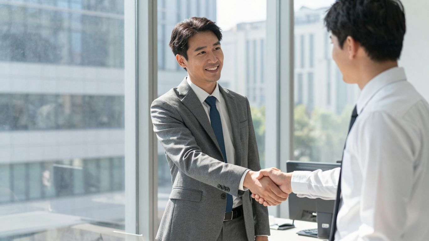 Handshake in office, advertising agency sale