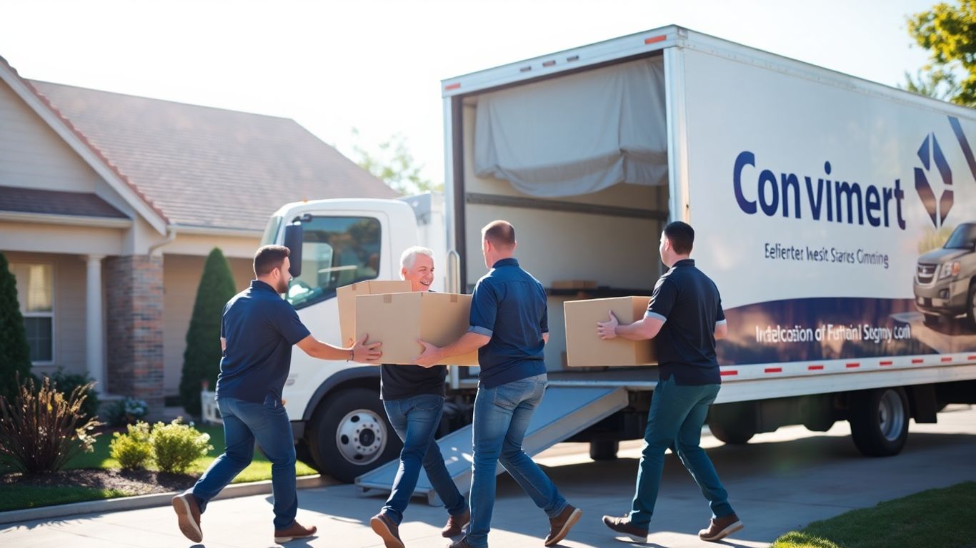 Licensed movers loading a truck outside a home.