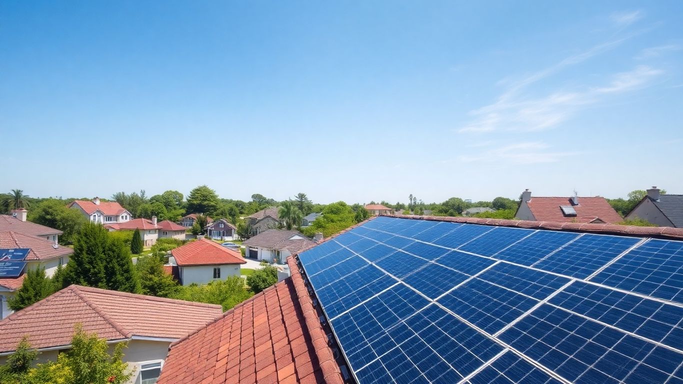 Panneaux solaires sur toits de maisons sous ciel bleu