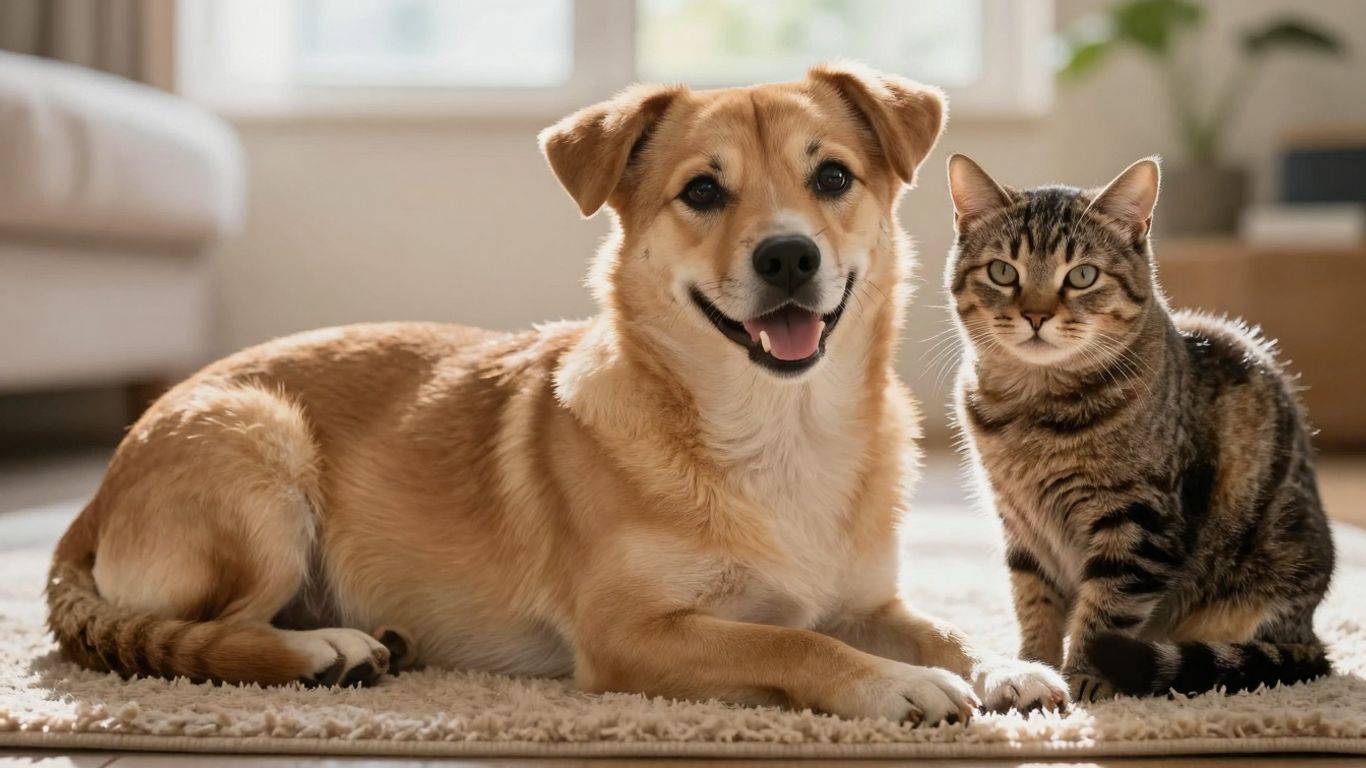 Dog and cat relaxing together in a home.
