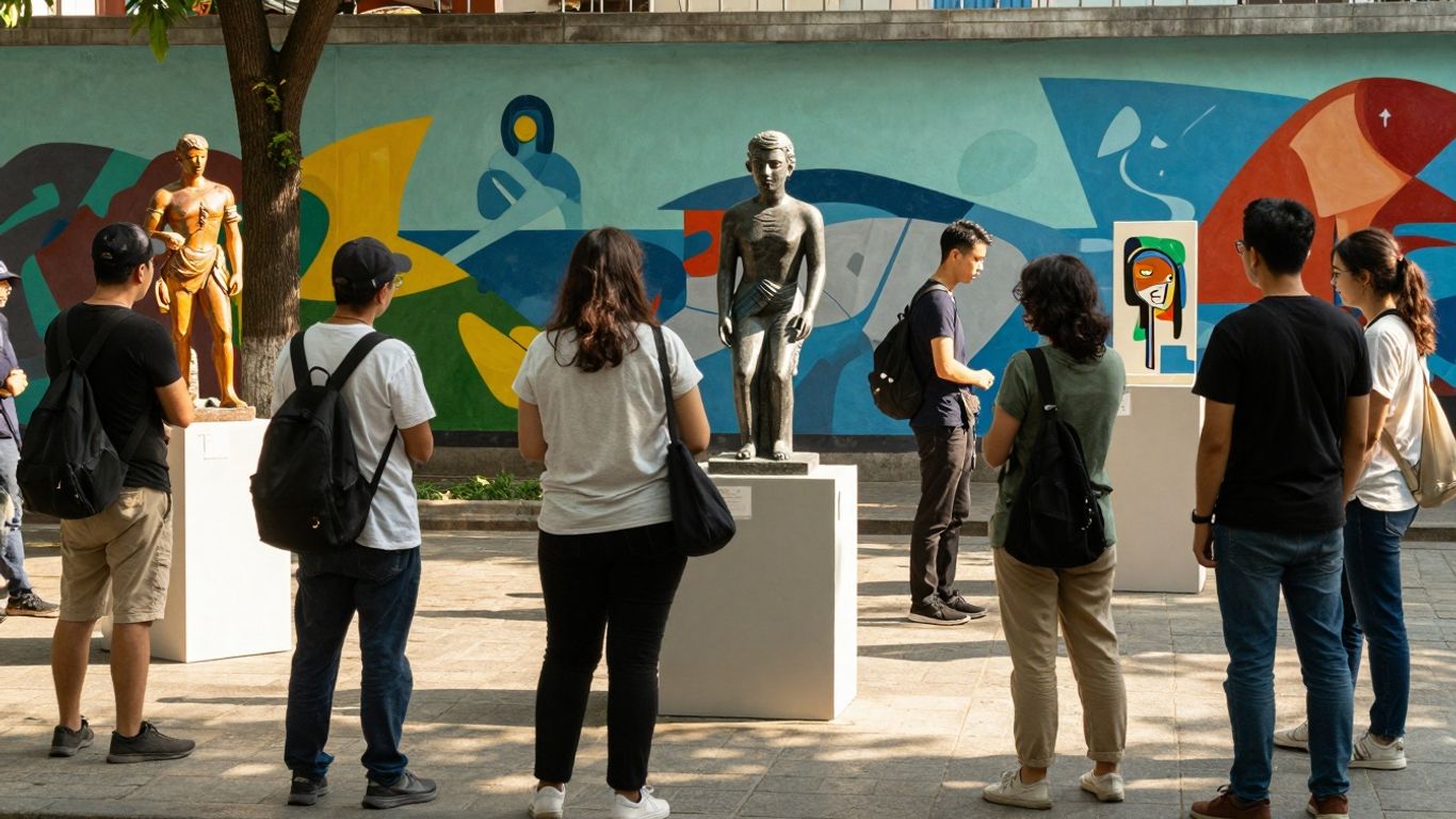 Oameni interacționând cu arta în spațiul public.