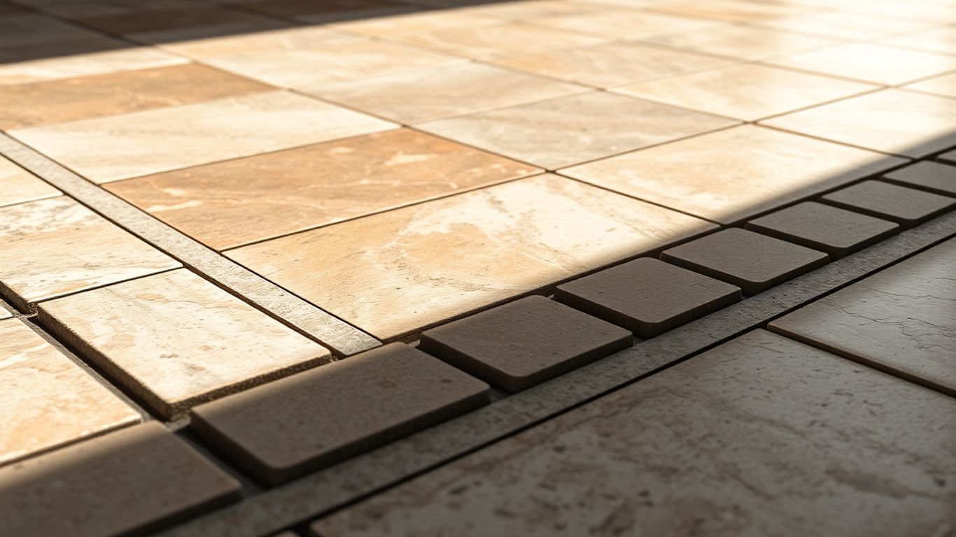 Tile floor border with stone edge profiles