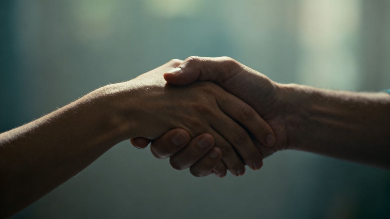 Hands clasped in a gesture of apology and reconciliation.