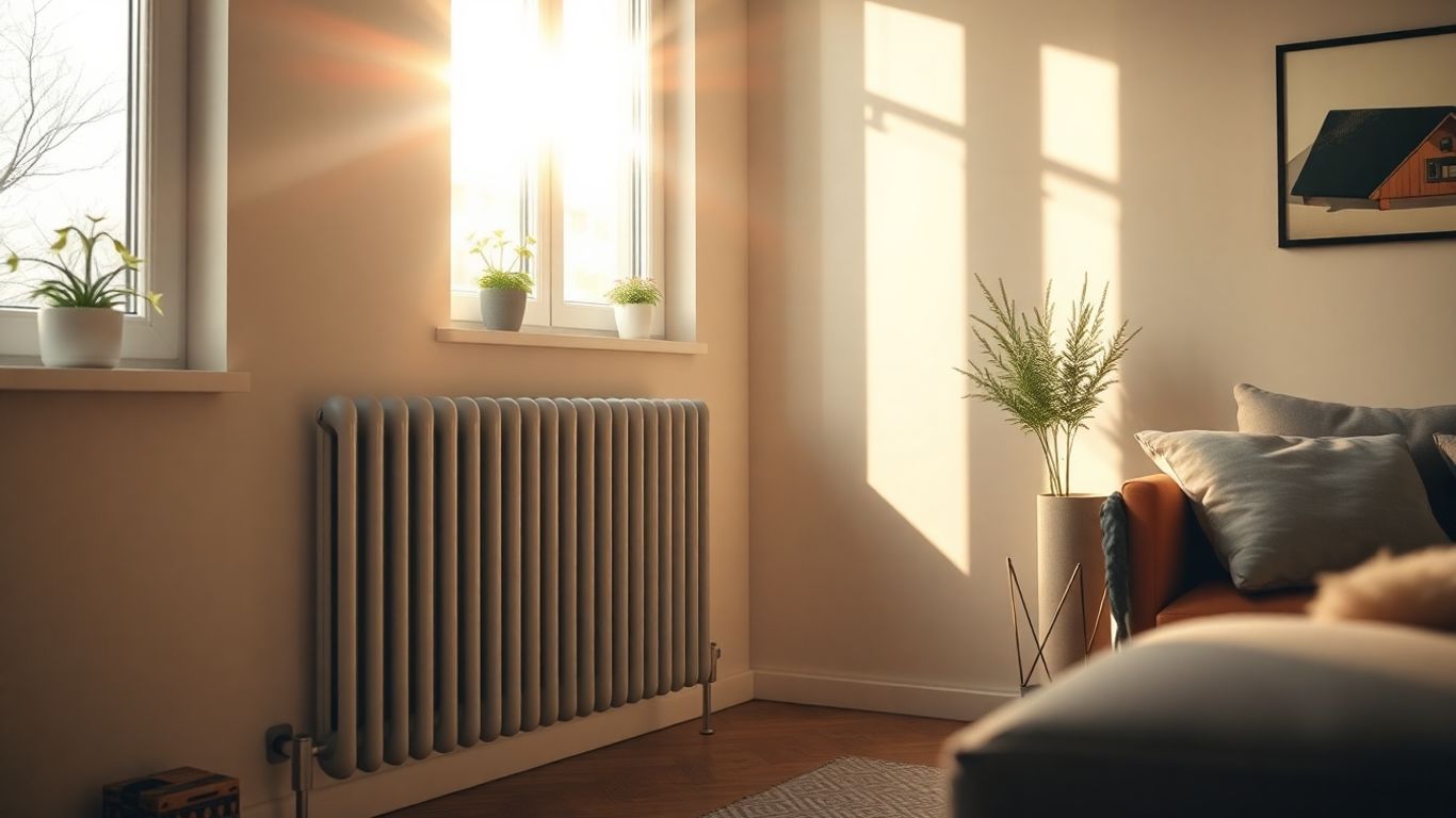 Apartament modern cu radiator decorativ și lumină naturală.