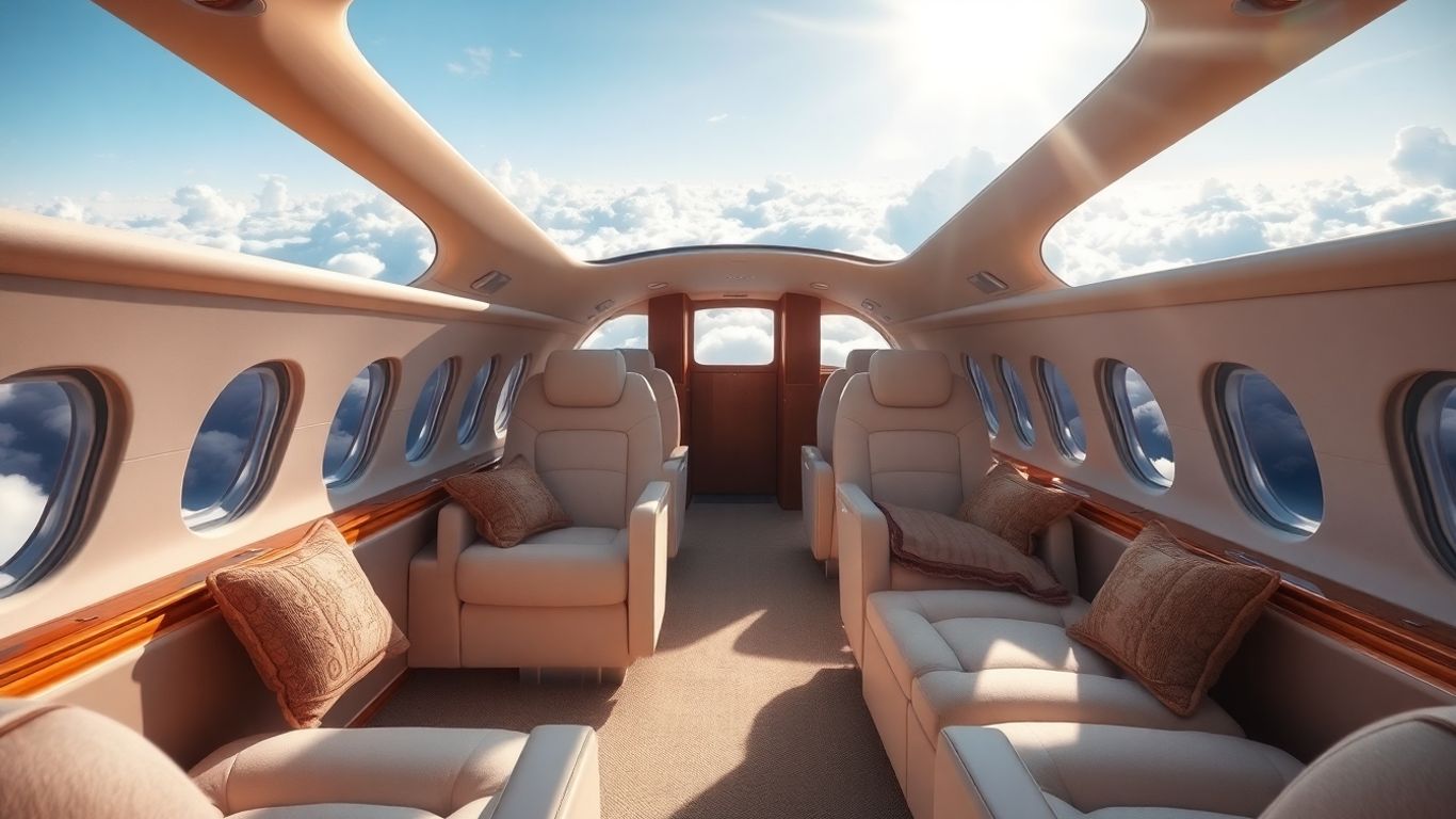 Interior of a private jet with comfortable seating and windows.