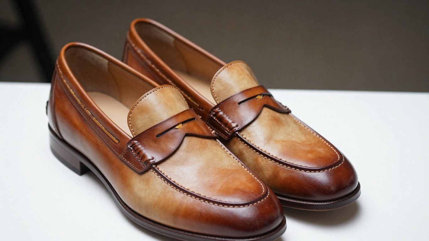 Two-tone penny loafers with polished leather texture.