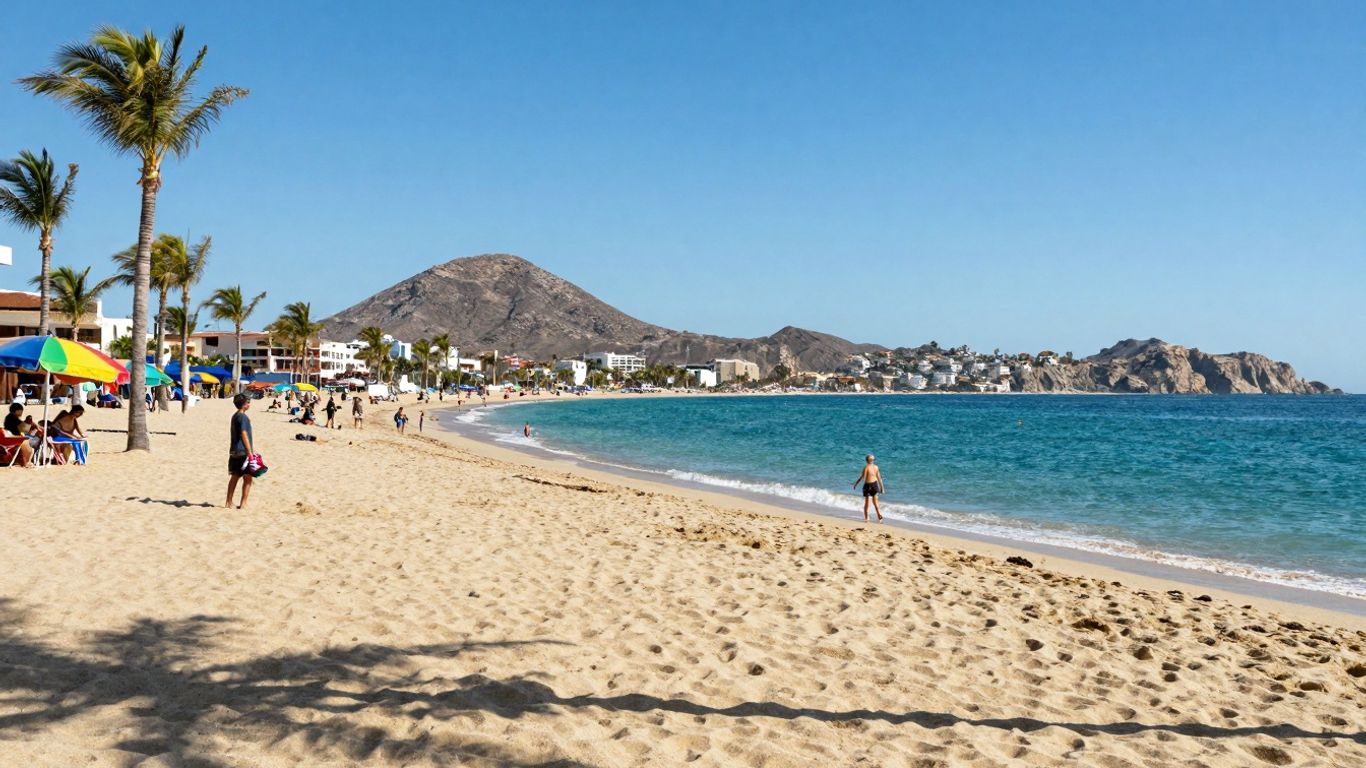 Beach in Cabo San Lucas with palm trees and ocean.