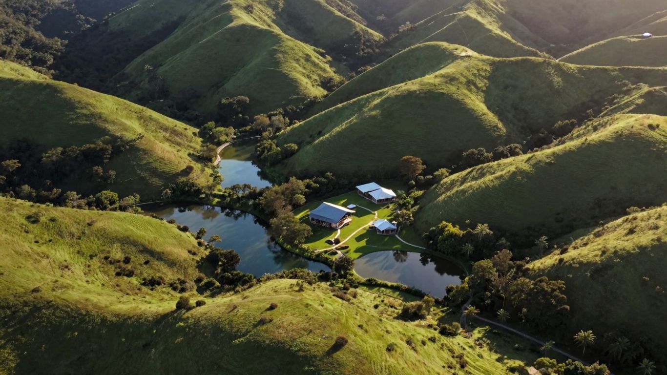 Peaceful aerial view of Gaia Retreat Byron Bay landscape.