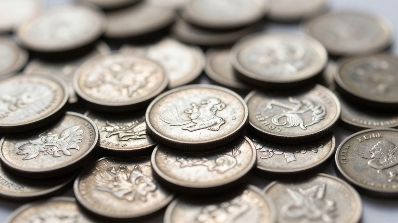 Pile of silver coins with sunlight glinting off them.