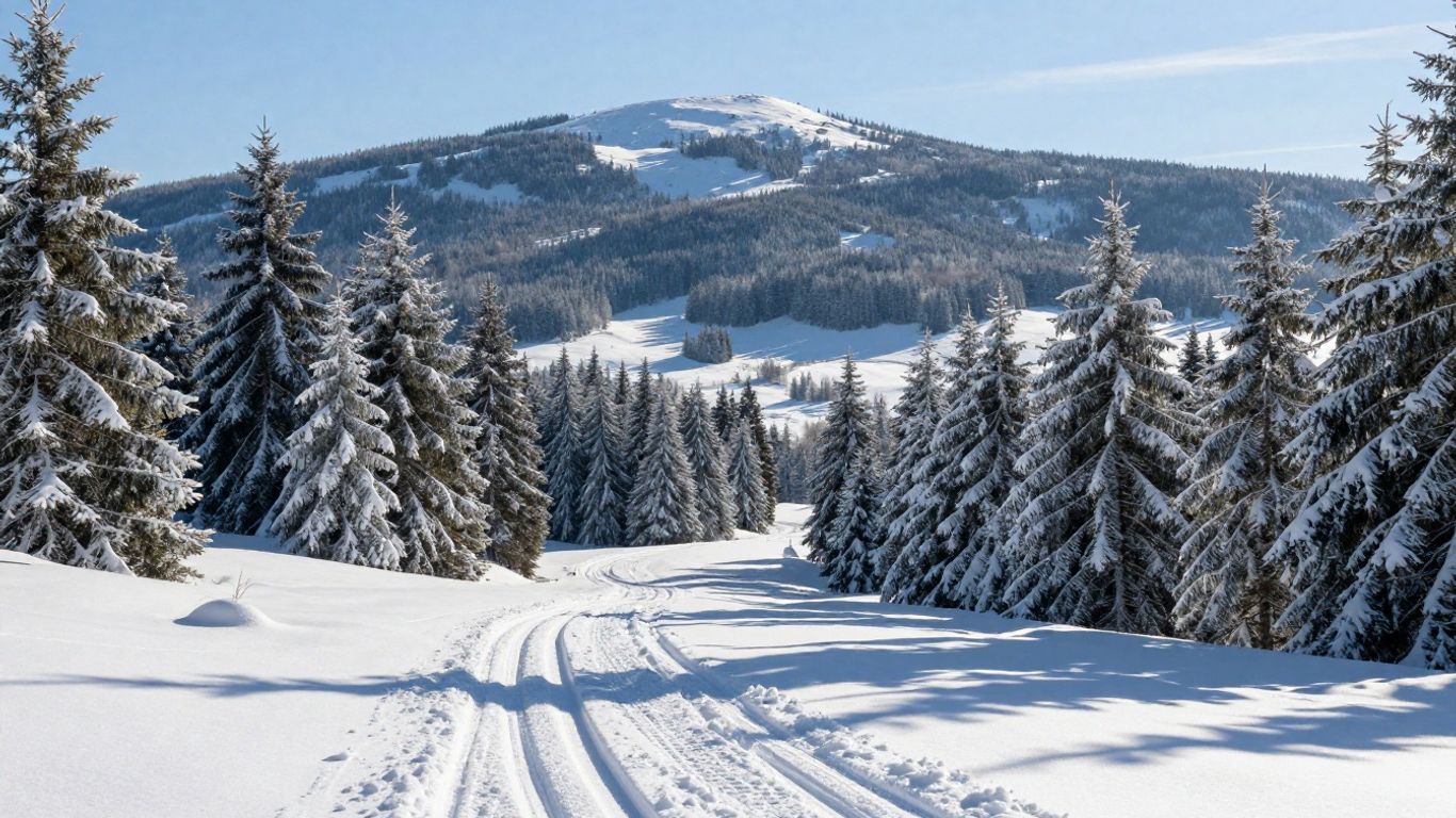 Langlaufspuren im verschneiten Harz mit Sonnenlicht und Bäumen.