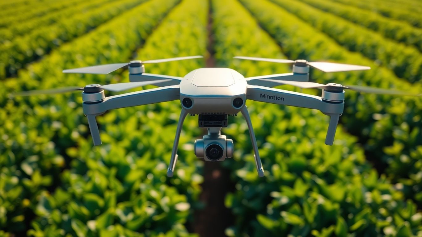 Drone flying over a green farm field.