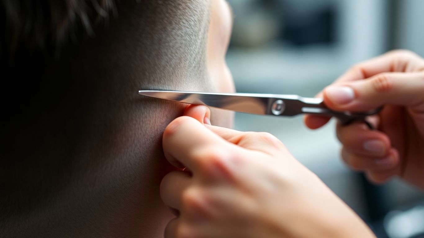 Barber giving a precise haircut with scissors.