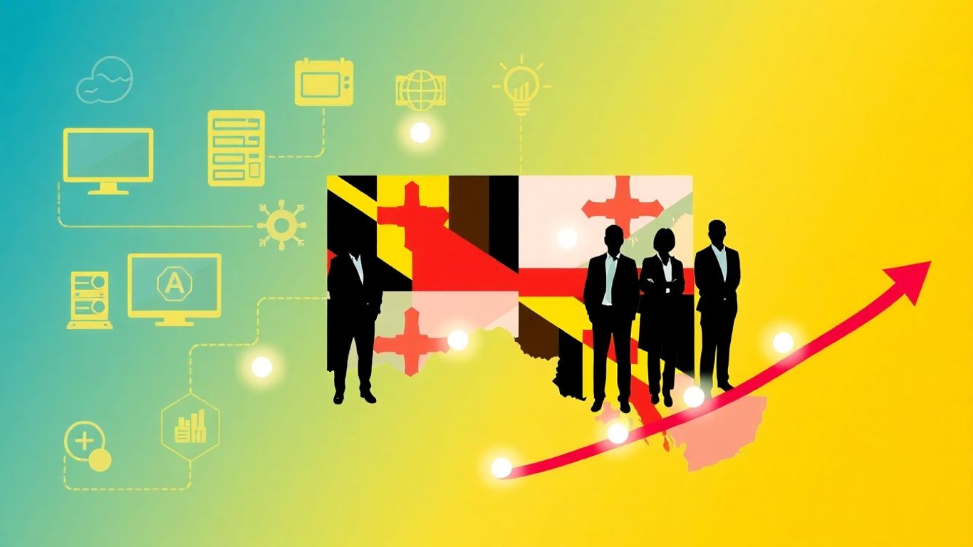 IT jobs in Maryland infographic with career growth arrow.
