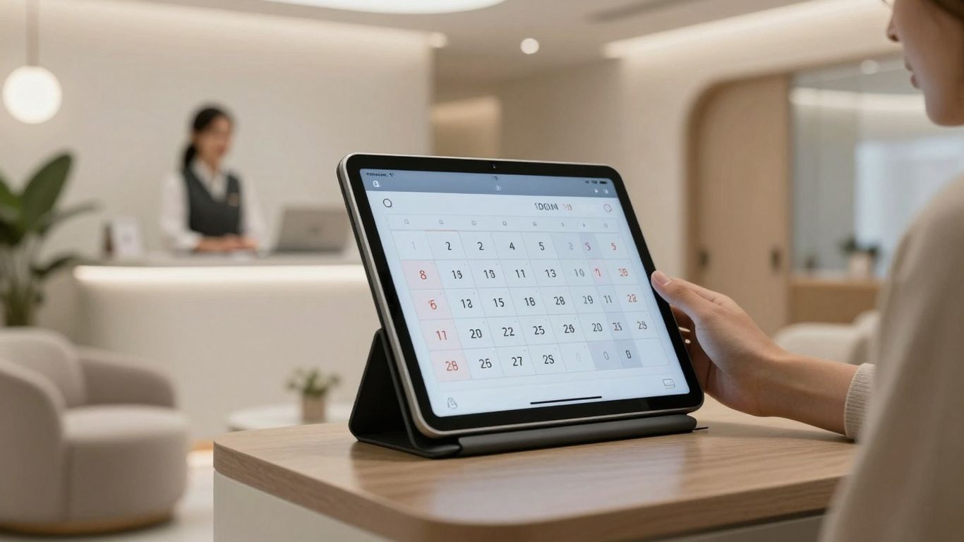 Clinic reception with digital appointment calendar and client.