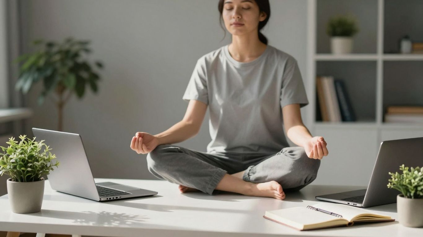 Persoană relaxată într-un spațiu de lucru ordonat și luminos.