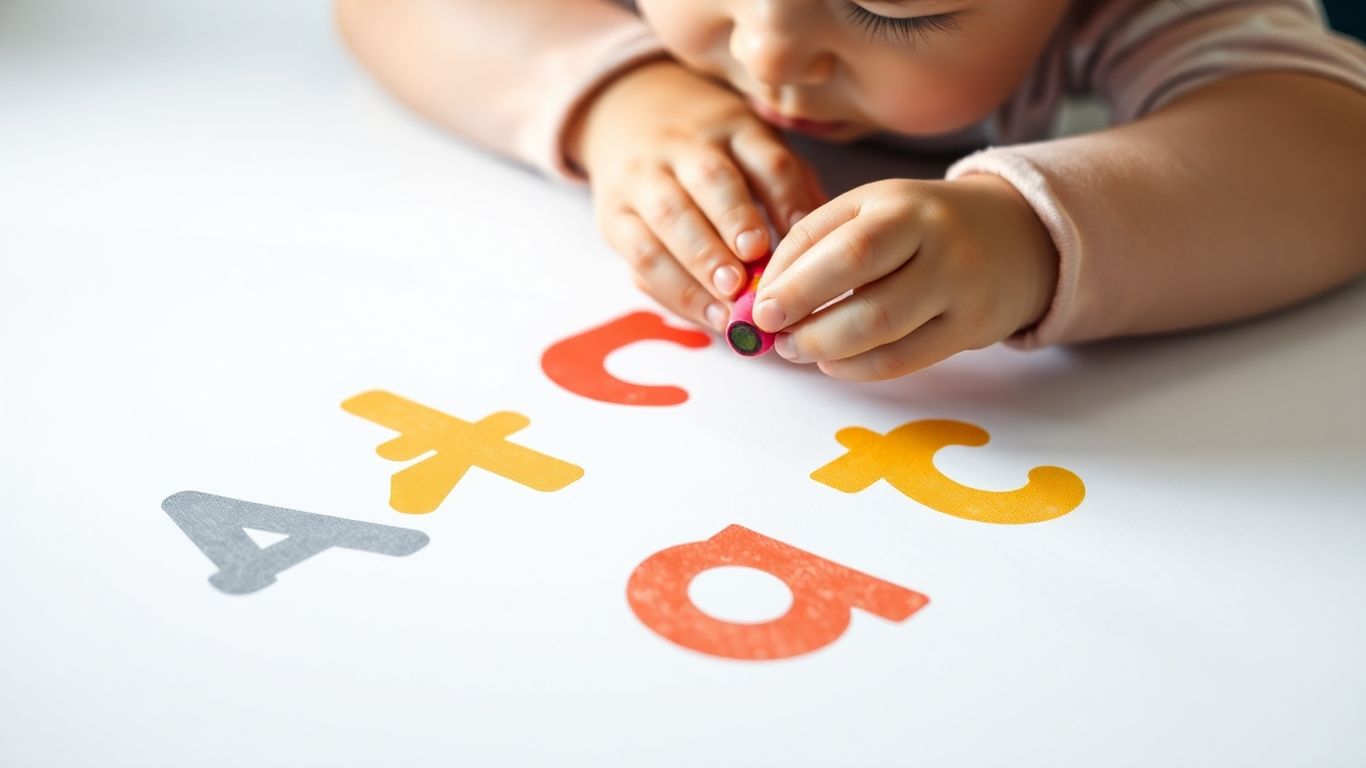 Toddler tracing colorful letters with a crayon.