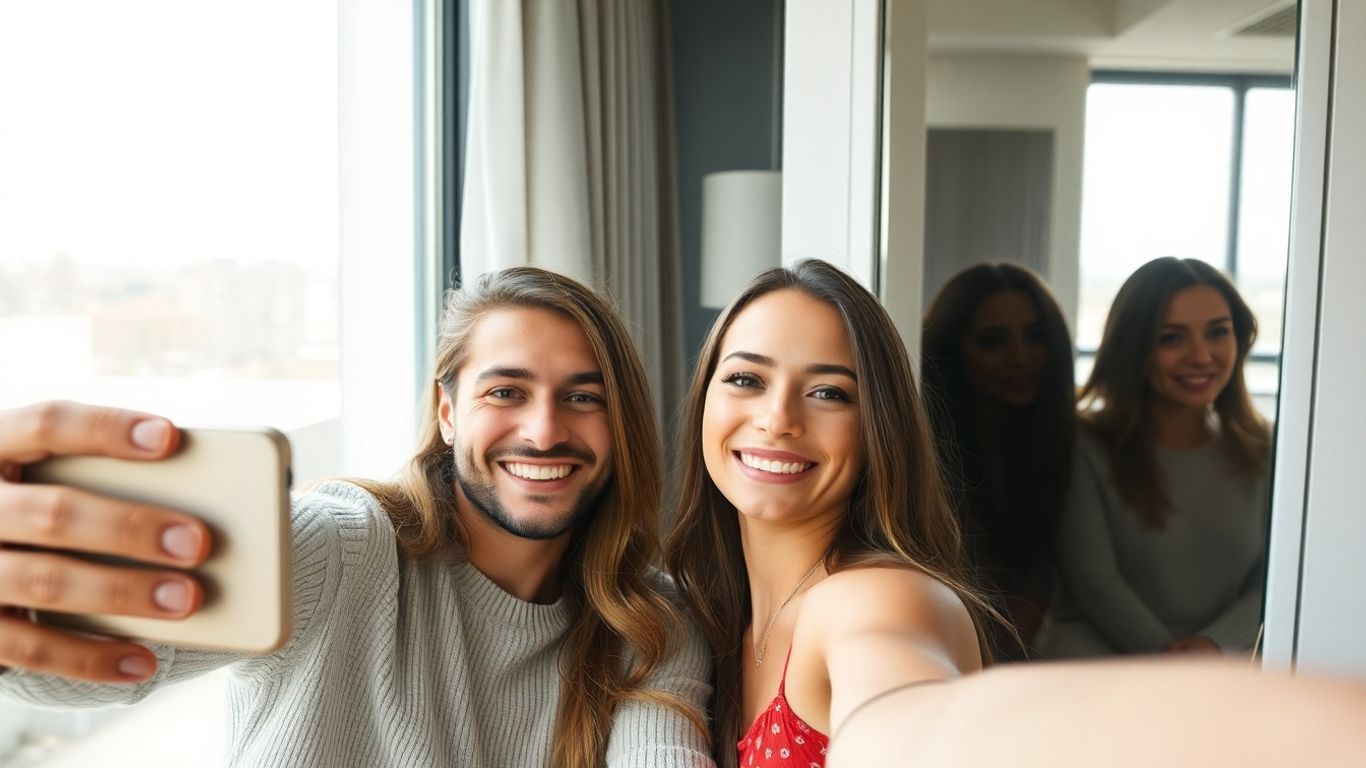 Cuplu aparent fericit făcând selfie, dar priviri distante.