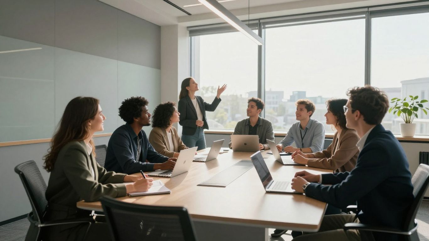 Business team collaborating in a modern office.